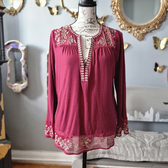 Lucky Brand Tops - Lucky Brand Burgundy Embroidered Blouse